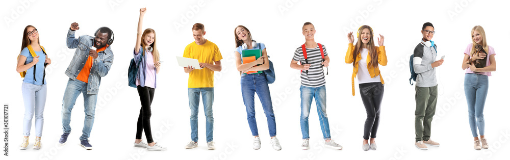 Group of happy teenagers on white background - obrazy, fototapety, plakaty 
