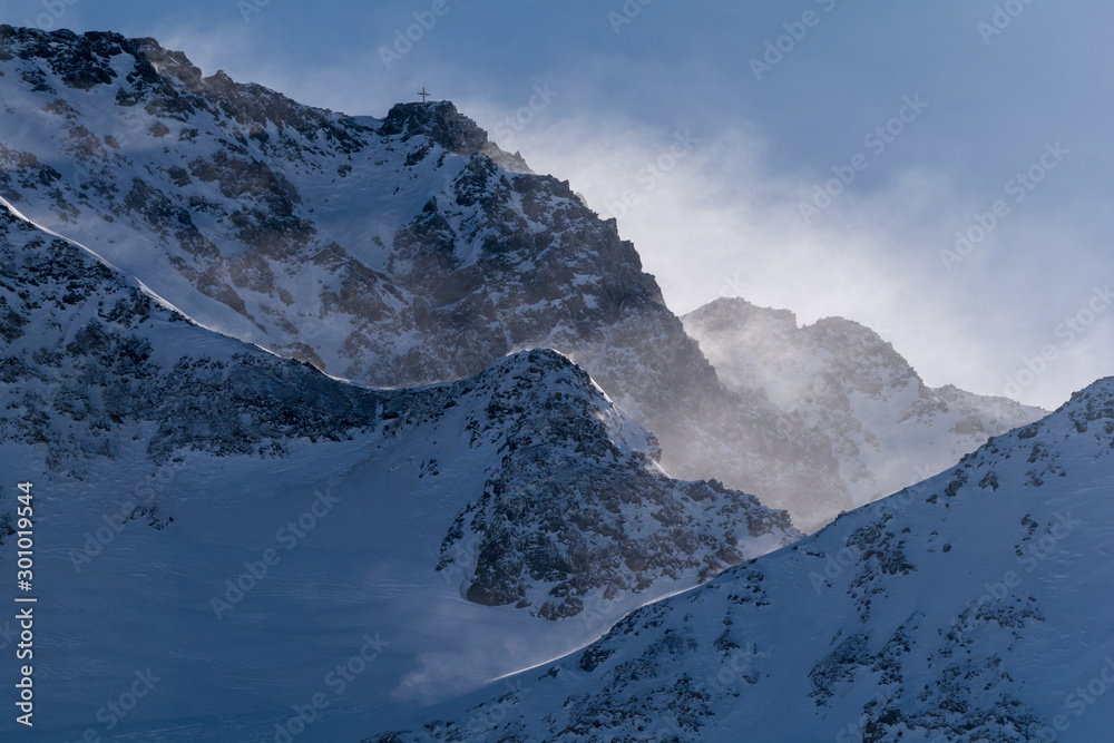 Mountain peak in the mountains. View over the Alps, from Kaunertal Glacier area, in Tyrol, Austria.