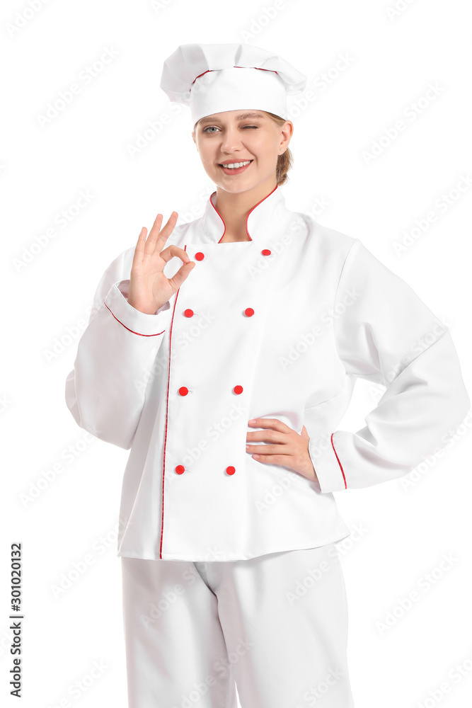 Portrait of female confectioner on white background Portrait of female confectioner on white background