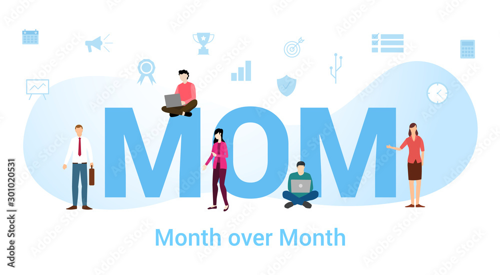 Mom Month over month concept with big word or text and team people with modern flat style - vector Mom Month over month concept with big word or text and team people with modern flat style - vector