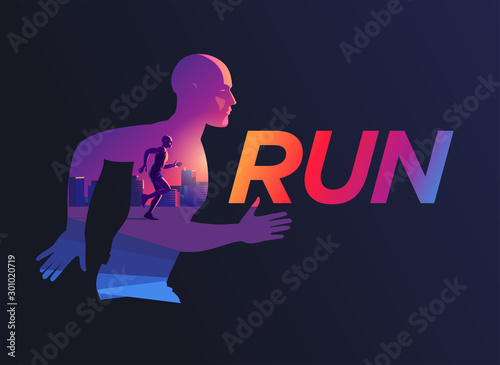 Vector illustration silhouette of a running male athlete marathon on a background of cityscape.  The dynamics of movement and color, picture in picture. Symbol logo for running event marathon.
