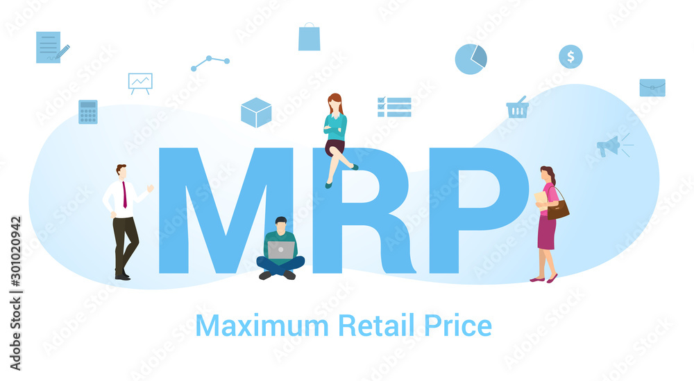 mrp maximum retail price concept with big word or text and team people with modern flat style - vector