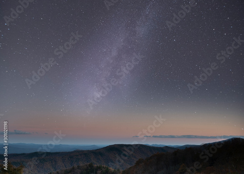 Long exposure in Blue Ridge Parkway with Milky Way in the horizon after the blue hour