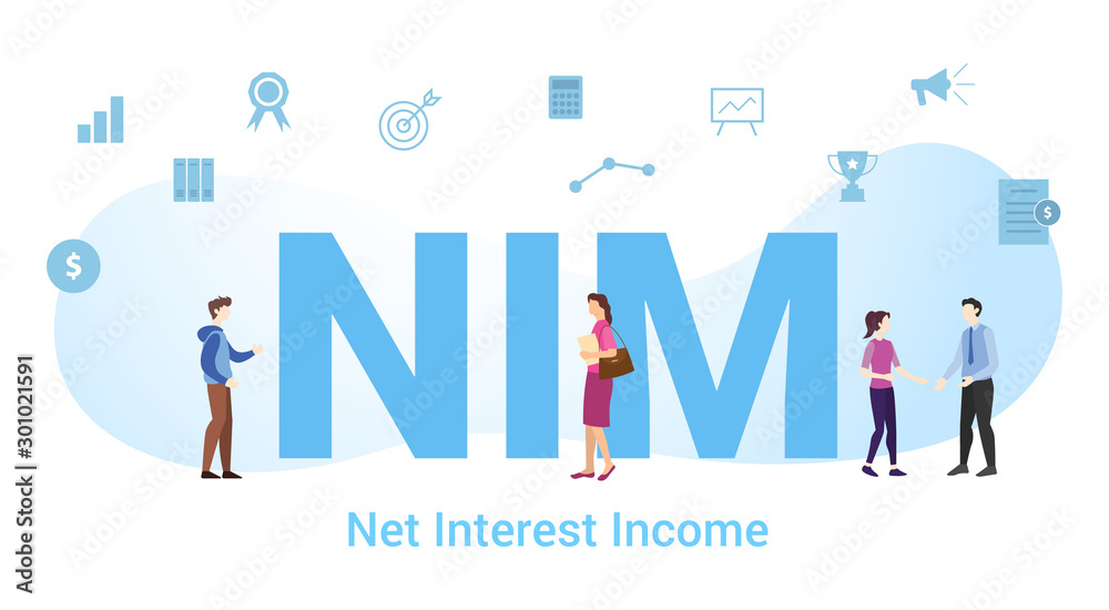 nim net interest income concept with big word or text and team people with modern flat style - vector