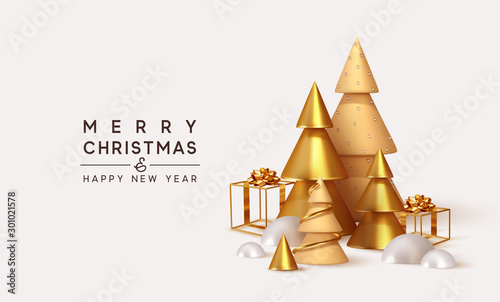 Christmas 3D render illustrations. Composition from golden metallic pine, spruce trees. cubic hollow gifts box, white snow drifts. New Year cone shape trees. Xmas background, realistic objects design.