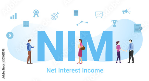 nim net interest income concept with big word or text and team people with modern flat style - vector