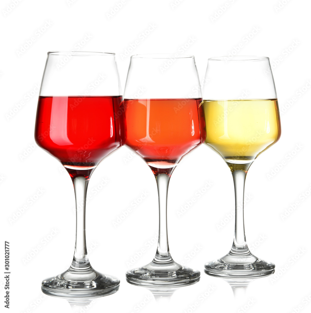 Glasses of different wine on white background Glasses of different wine on white background
