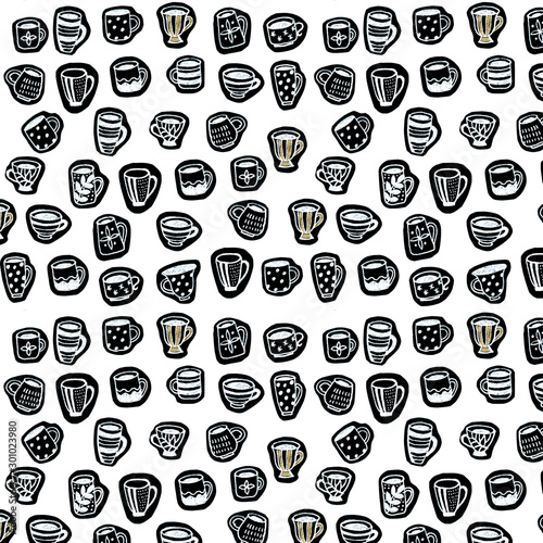 black dishes cups background seamless pattern kitchen drawing applique