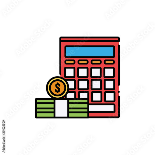 Isolated coin bills and calculator flat and line design