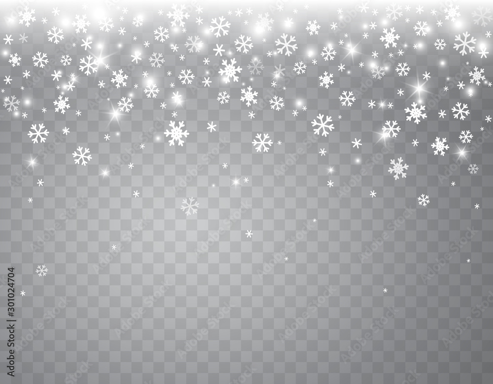 Snow flakes falling isolated on transparent background. Vector christmas snowfall overlay texture, white snowflakes flying in winter air. - obrazy, fototapety, plakaty 