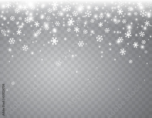 Snow flakes falling isolated on transparent background. Vector christmas snowfall overlay texture, white snowflakes flying in winter air.