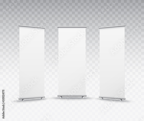 Roll up banner stand isolated on transparent background. Vector blank display set mockup for presentation or exhibition product template.