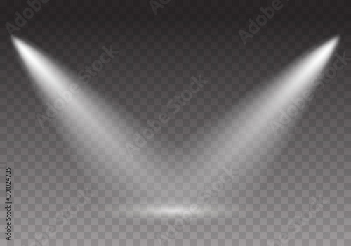 Projector light effect isolated on transparent background. Vector glow stage spotlights. Shine spot beams template.