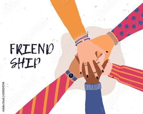 Vector trendy illustration with hands of diverse group of people putting together. Concept of friendship, cooperation, teamwork, partnership, agreement, movement.