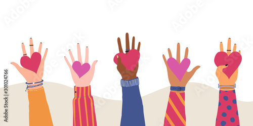 Vector trendy illustration with different hands holding heart. Concept of giving and sharing love to people, volunteering, charity, cooperation