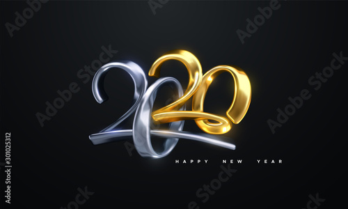 Happy New 2020 Year. Holiday vector illustration of golden and silver metallic calligraphic numbers 2020. Realistic 3d sign. Festive poster or banner design. Modern lettering composition. Jewelry logo