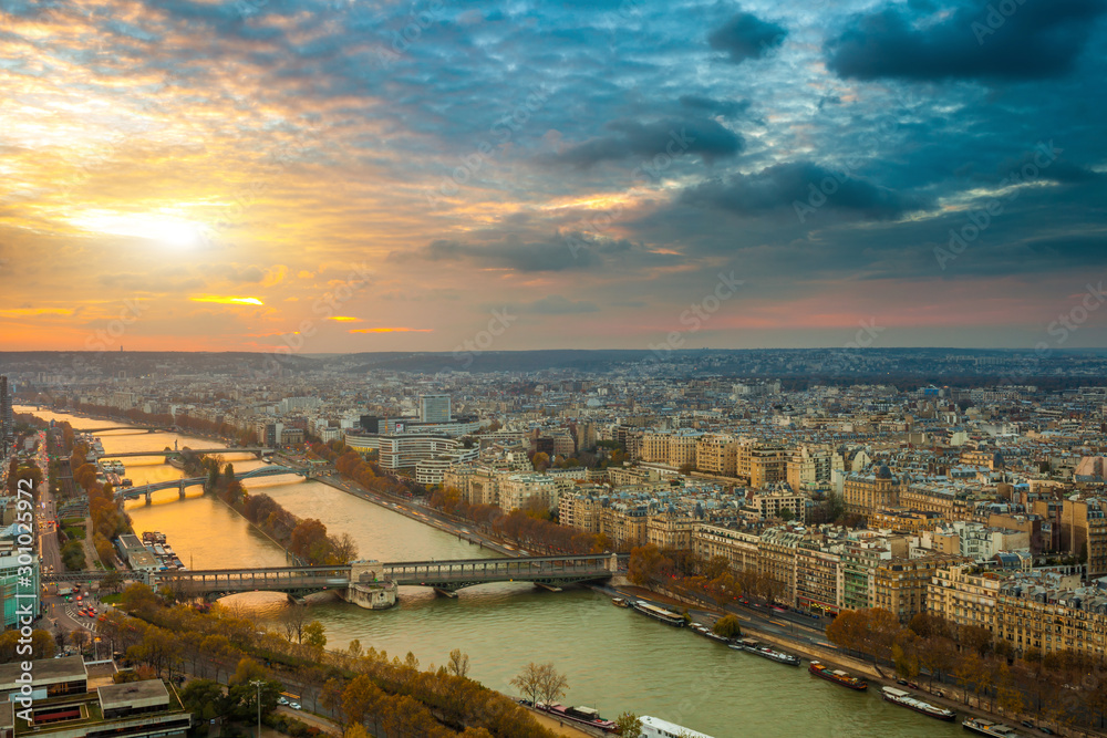 View to the city and Seine River from the Eiffel Tower, Paris, France