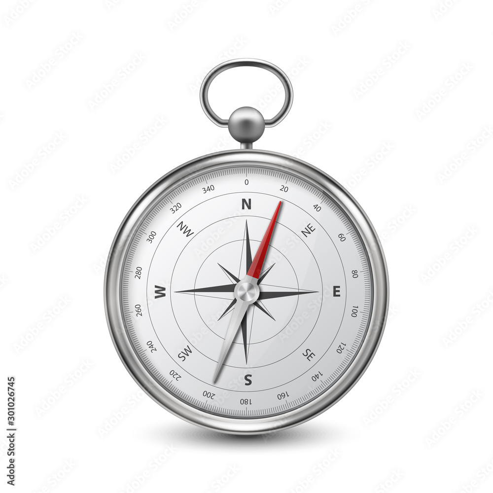 Vector 3d Realistic Metal Steel Silver Antique Old Vintage Compass with Windrose Icon Closeup Isolated on White Background. Design Template. Travel, Navigation Concept. Front View Vector 3d Realistic Metal Steel Silver Antique Old Vintage Compass with Windrose Icon Closeup Isolated on White Background. Design Template. Travel, Navigation Concept. Front View