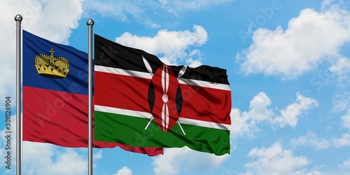 Liechtenstein and Kenya flag waving in the wind against white cloudy blue sky together. Diplomacy concept, international relations.