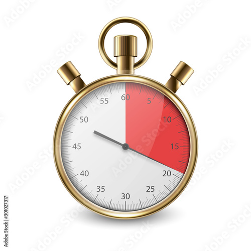 Realistic Metal Golden Classic Stopwatch Icon Closeup Isolated on White Background. Stop-watch Design Template. Sport Timer on Competitions. Start, finish, Time Management. Stock Vector Illustration