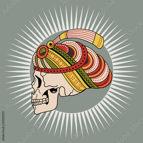 Isolated vector illustration. Human skull in oriental turban in shining halo. Pirate emblem.