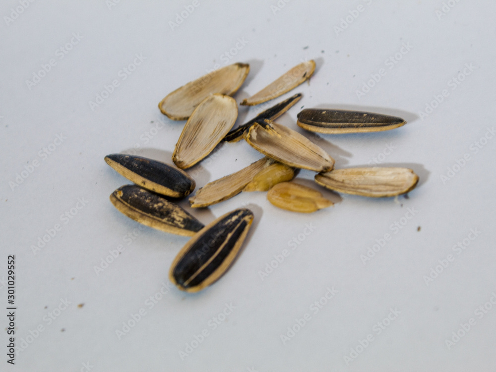 Closeup of black sunflower seeds isolated on white Closeup of black sunflower seeds isolated on white