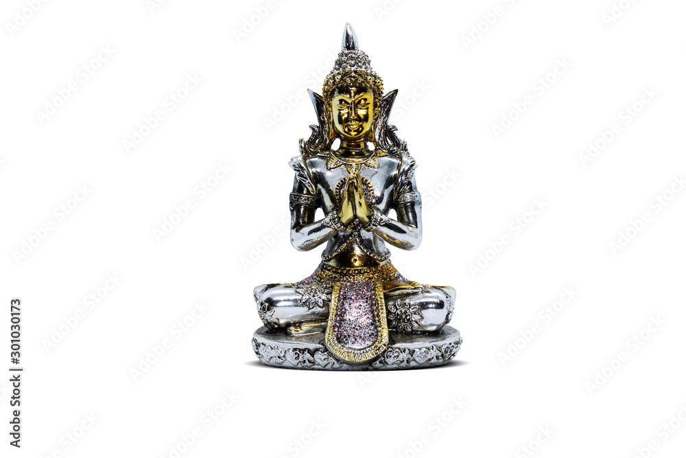 Buddha statue worship glossy gold and grey silver color in isolated white background with clipping path Buddha statue worship glossy gold and grey silver color in isolated white background with clipping path