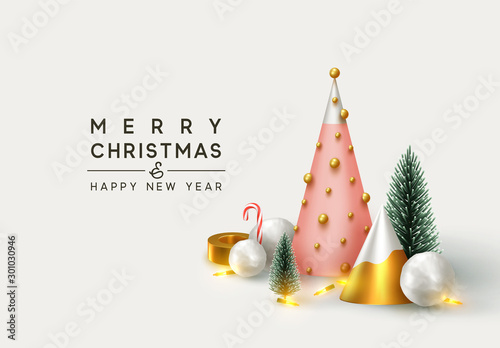 Christmas 3D render illustrations. Composition from golden metallic pine, green spruce trees. round spheres of snow, snowballs . New Year cone shape trees. Xmas background, realistic objects design.