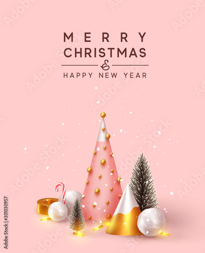 Christmas 3D render illustrations. Composition from golden metallic pine, green spruce trees. round spheres of snow, snowballs . New Year cone shape trees. Xmas background, realistic objects design.