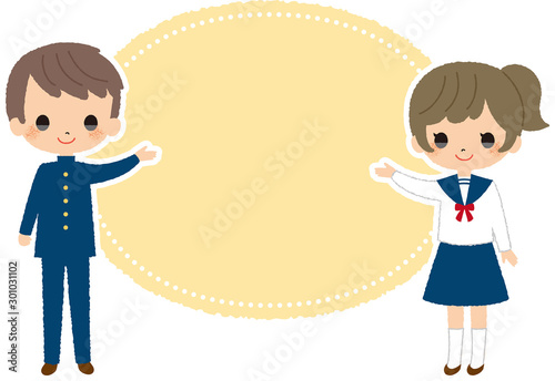 制服　学生　女子高生　子供　かわいい　吹き出し　フレーム　女の子　男の子