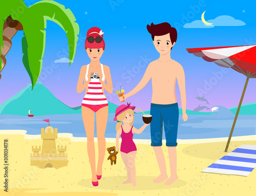 Parents with Child Stand on Beach Enjoy Summer