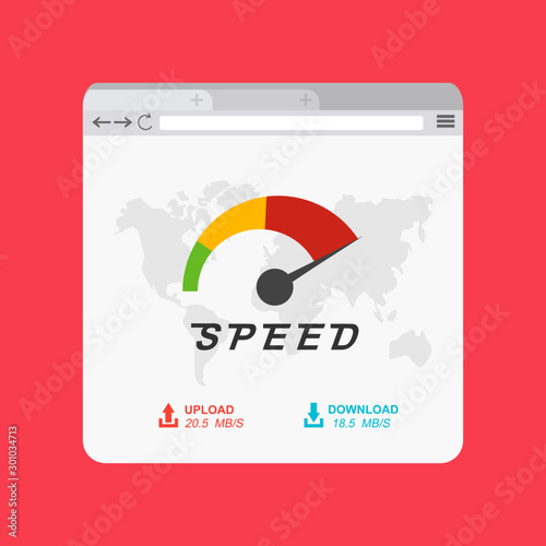 Site Speed Test Concept Fast or Slow loading page tablet version. Web browser with speedometer Vector illustration