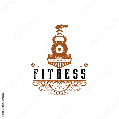 Fitness train logo design in vintage style. Illustration of train with barbells