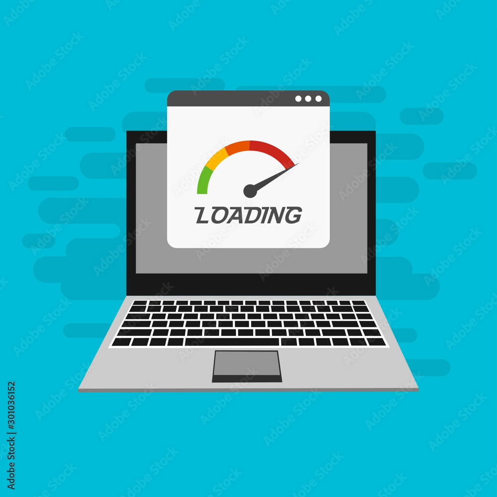 Laptop with speed test on the screen on Website or Mobile Application Vector Concept seo and Digital marketing