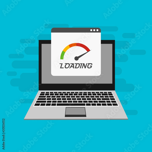 Laptop with speed test on the screen on Website or Mobile Application Vector Concept seo and Digital marketing