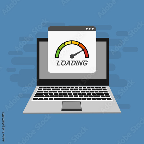 Laptop with speed test on the screen on Website or Mobile Application Vector Concept seo and Digital marketing