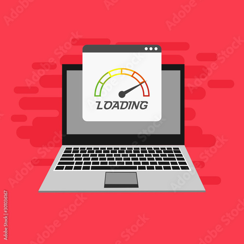 Laptop with speed test on the screen on Website or Mobile Application Vector Concept seo and Digital marketing