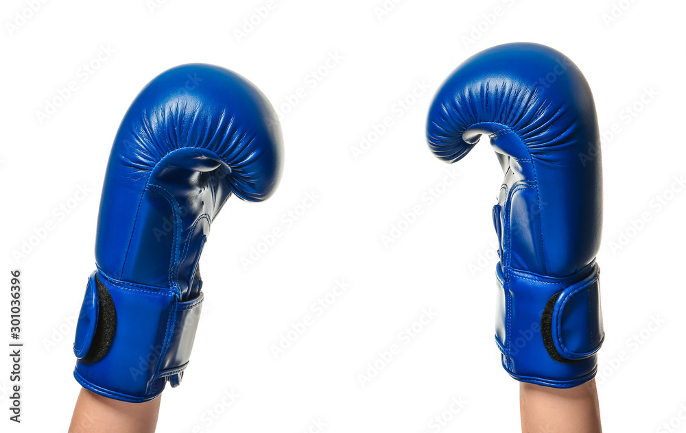 Hands in boxing gloves on white background