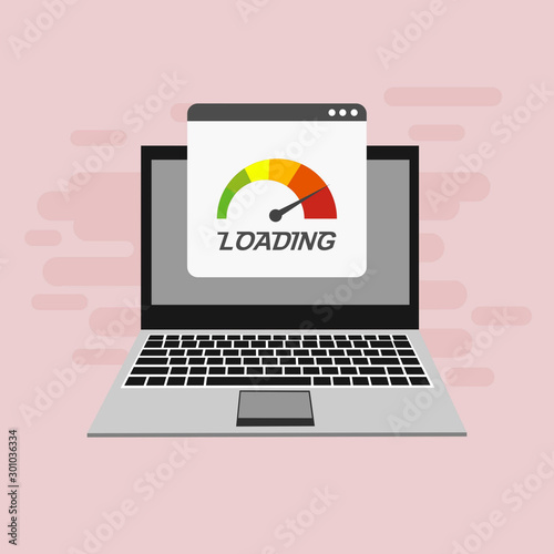 Laptop with speed test on the screen on Website or Mobile Application Vector Concept seo and Digital marketing