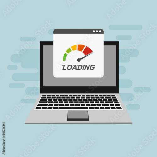 Laptop with speed test on the screen on Website or Mobile Application Vector Concept seo and Digital marketing