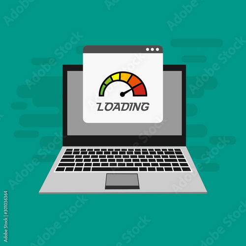 Laptop with speed test on the screen on Website or Mobile Application Vector Concept seo and Digital marketing