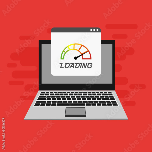 Laptop with speed test on the screen on Website or Mobile Application Vector Concept seo and Digital marketing