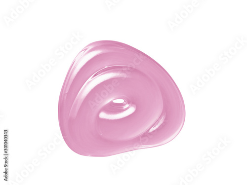 Cosmetic gel texture. Clear pink face cream, skincare product swatch sample swirl isolated on white background