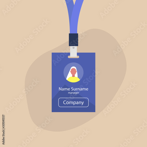 ID badge template, conference accessories, modern corporate culture, a portrait of a young female character