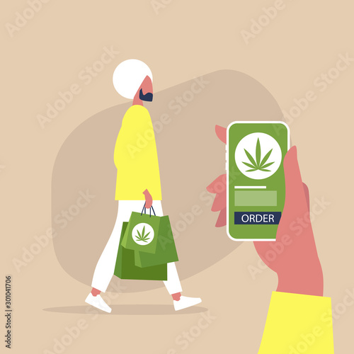 Cannabis online store, mobile interface, young male indian character walking with paper shopping bags, millennial lifestyle