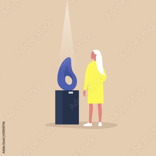 Young female character standing in front of a contemporary sculpture in a modern art gallery