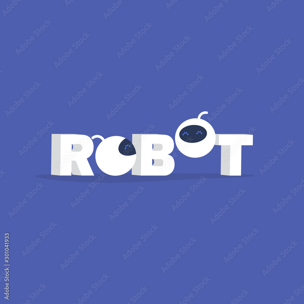 Two cute robots hovering between the 3D letters, new technologies Two cute robots hovering between the 3D letters, new technologies