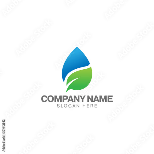 Green water drop logo, blue water drop and green leaf vector design