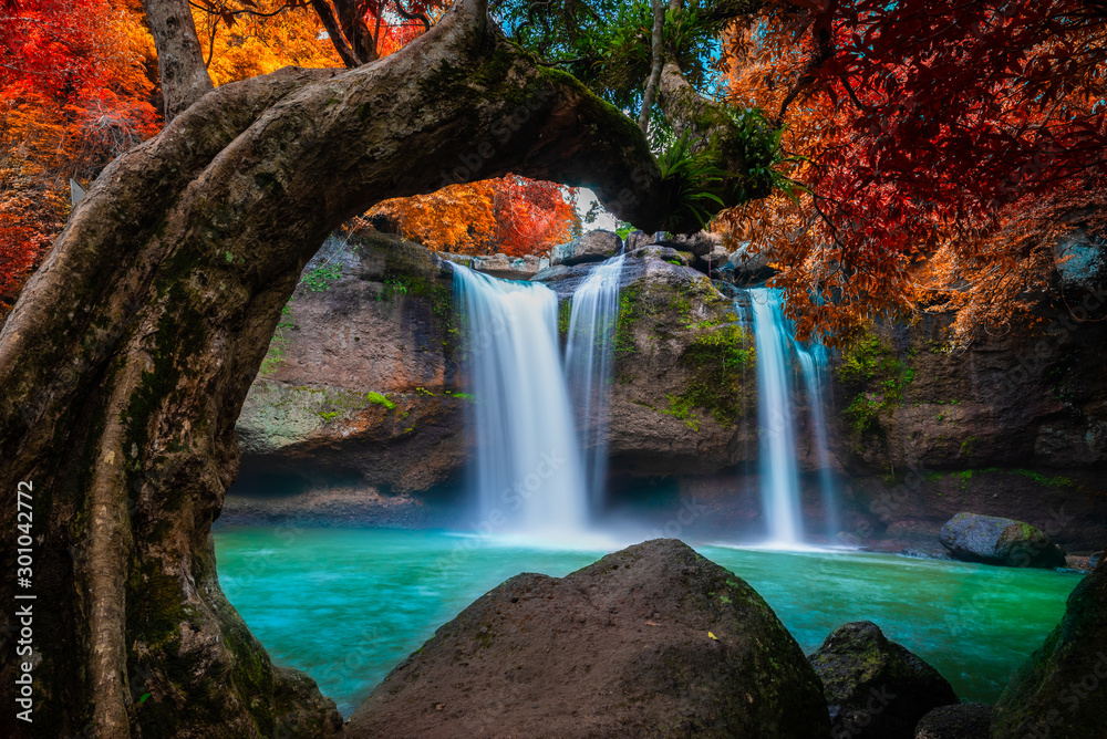 Fototapeta Niesamowity kolorowy wodospad w jesiennej leśnej błękitne wody i kolorowy las tropikalny.