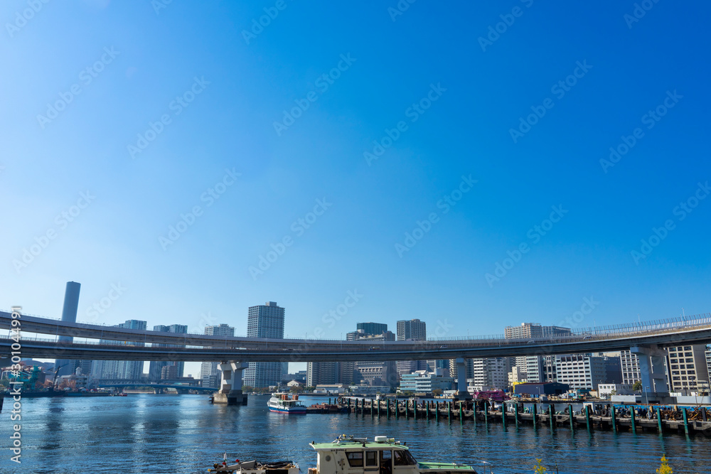 東京港区芝浦の風景　桟橋とレインボーブリッジ